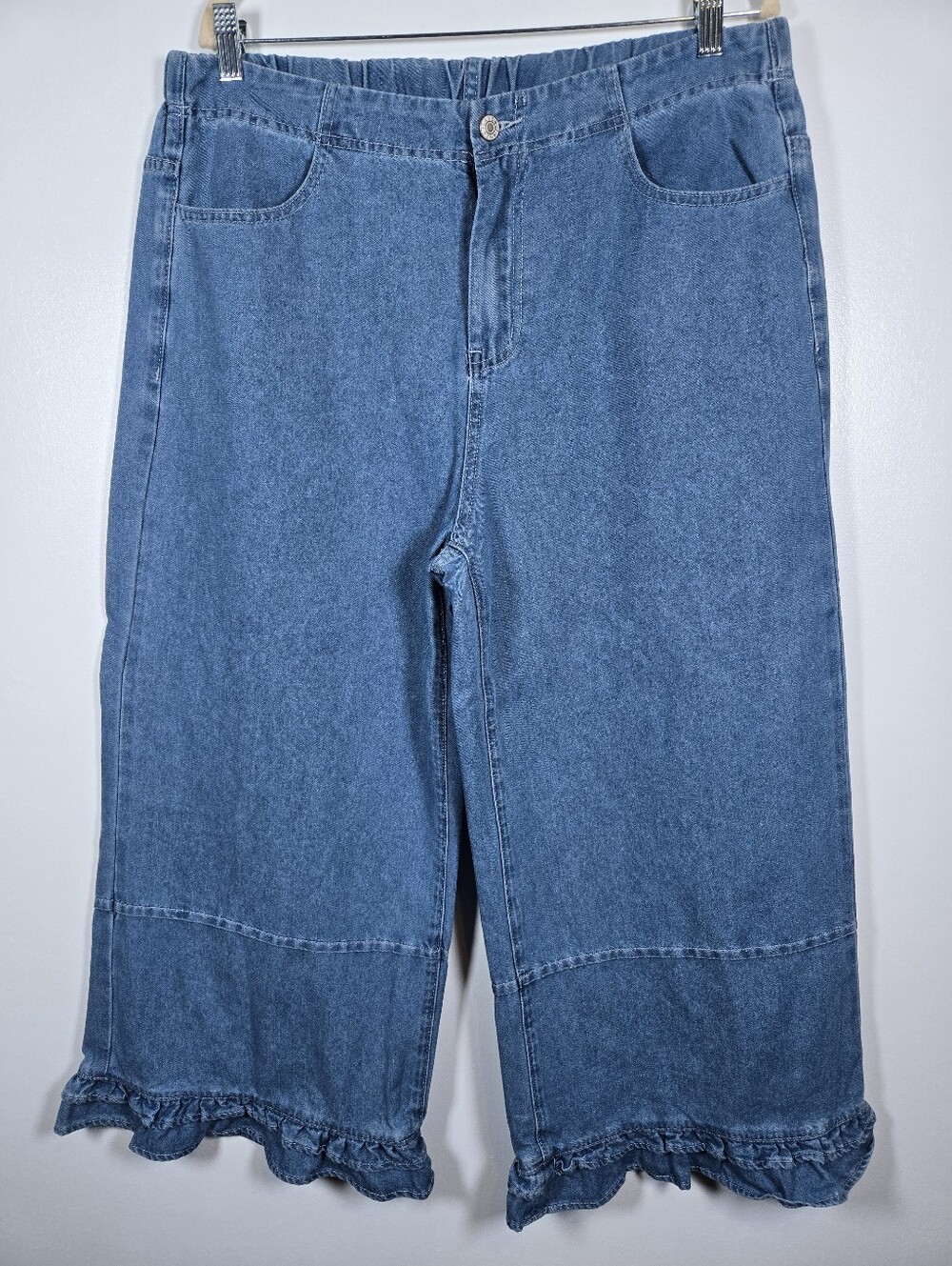 NEW Evaless Denim Ruffle High Waist Wide Leg Capri Pants Denim Jeans Size 16